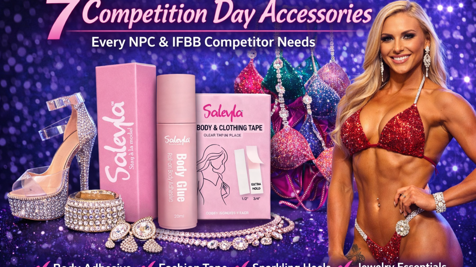7 Competition Day Accessories Every NPC & IFBB Competitor Needs including body adhesive, jewelry essentials, and custom bikinis.