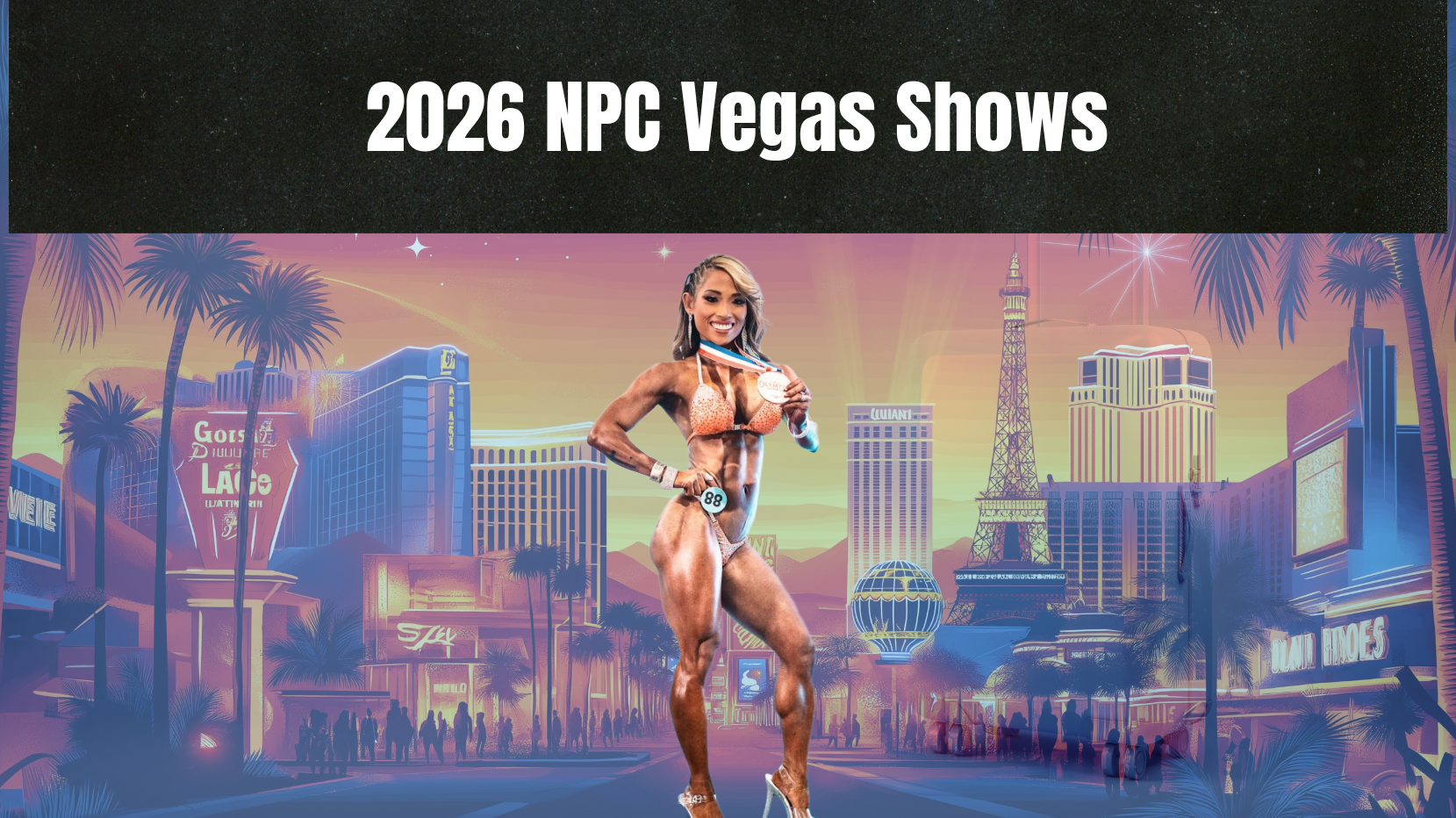 2026 NPC Vegas Shows thumbnail image featuring bikini competitor posing in front of Las Vegas skyline with bold title banner.