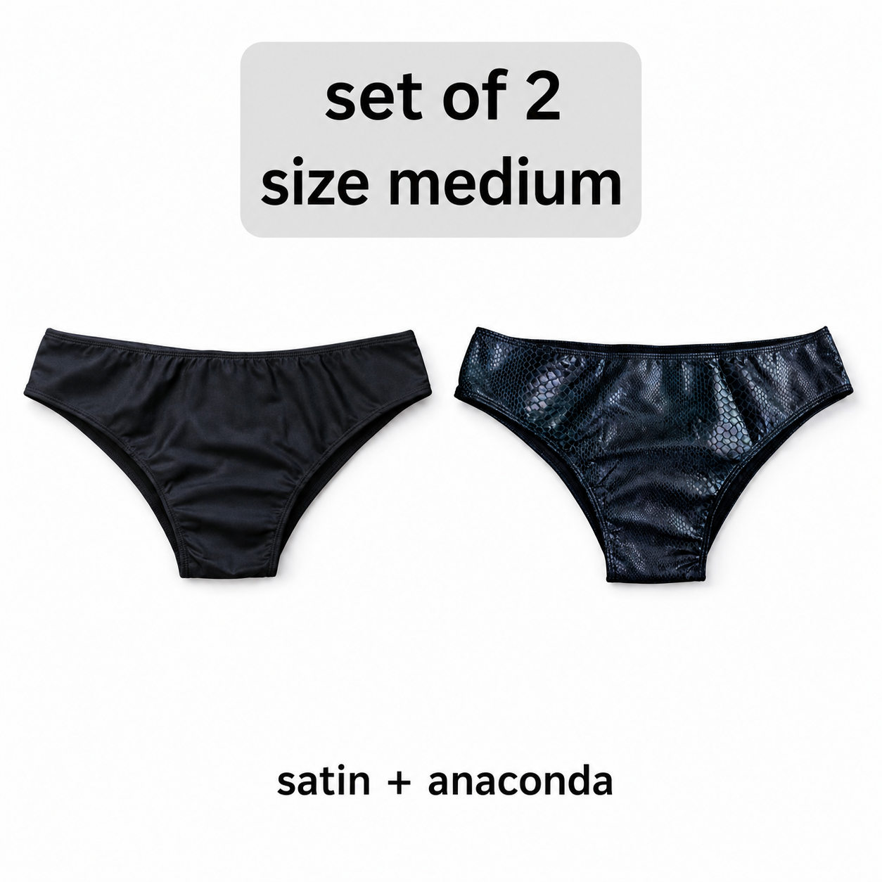 Set of 2 men's posing trunks, black satin and black anaconda, slim waistband, size medium