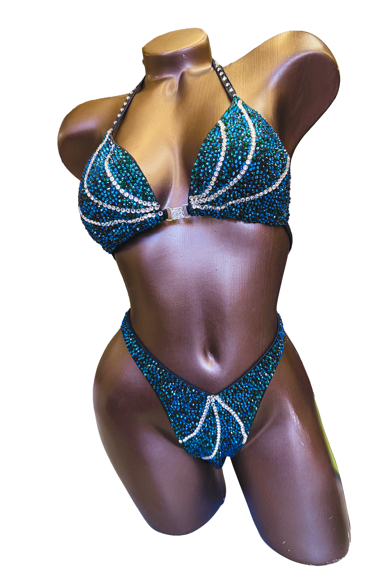 Deep Teal/Green Figure Competition Suit — Saleyla, custom bikini suit for NPC, IFBB, WBFF competitions.