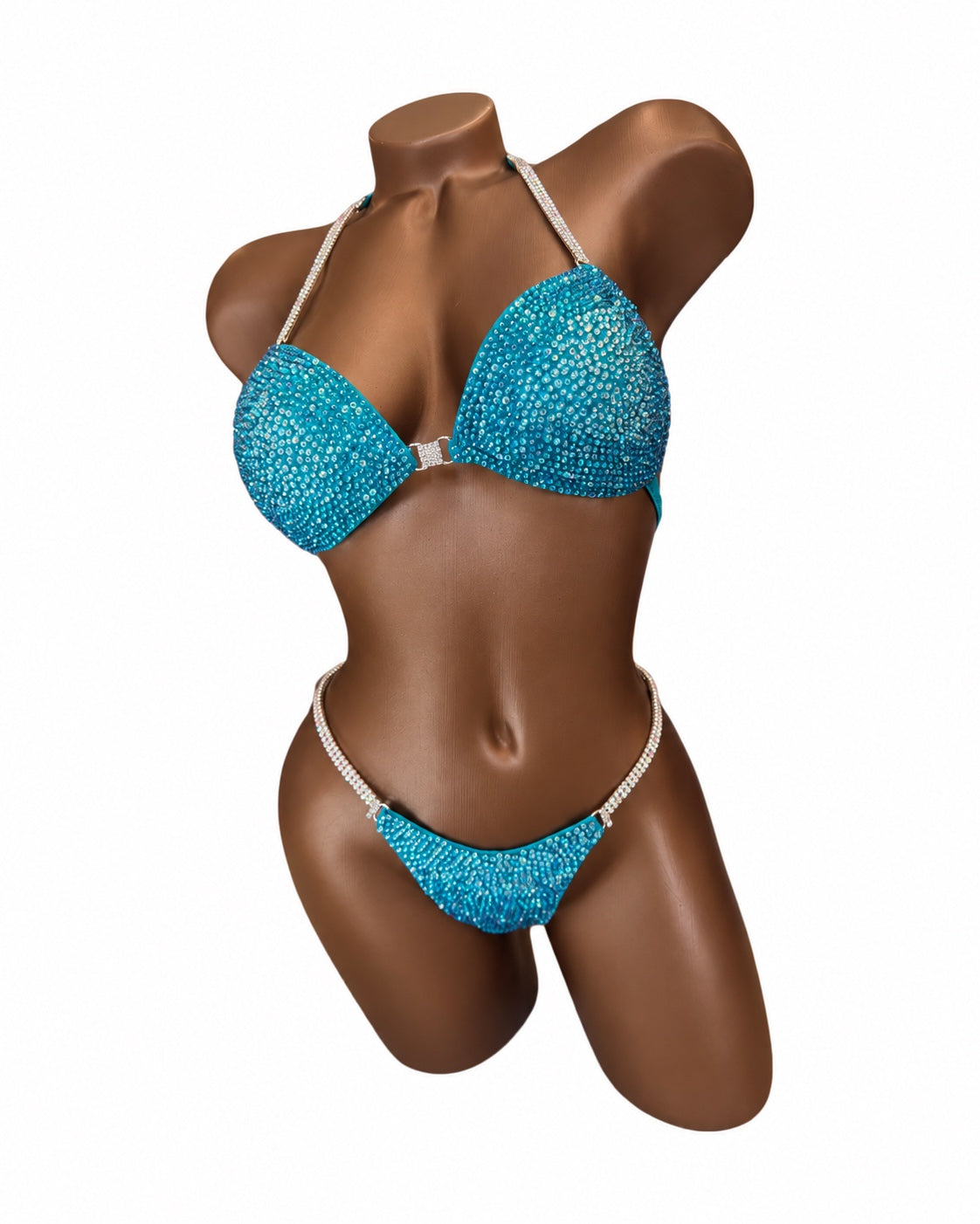 Turquoise Crystal Sunburst bikini competition suit, full front view