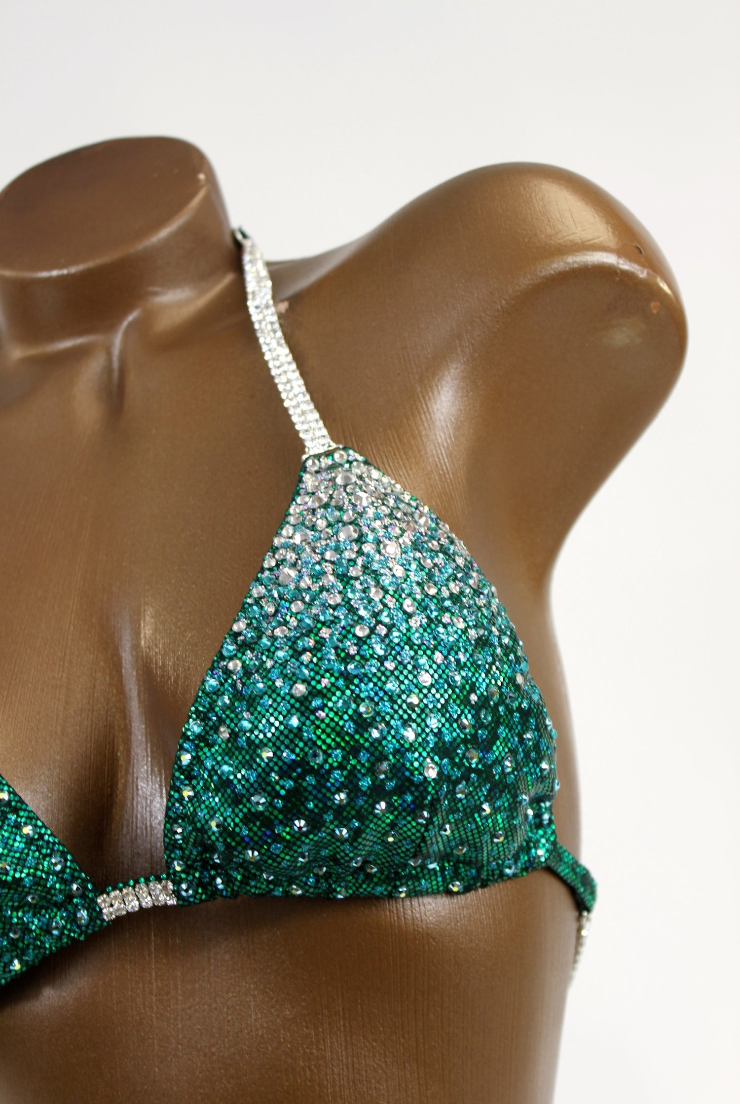 Deep Green Ombre NPC Competition Bikini Suit with crystal rhinestones and V-cut bottom