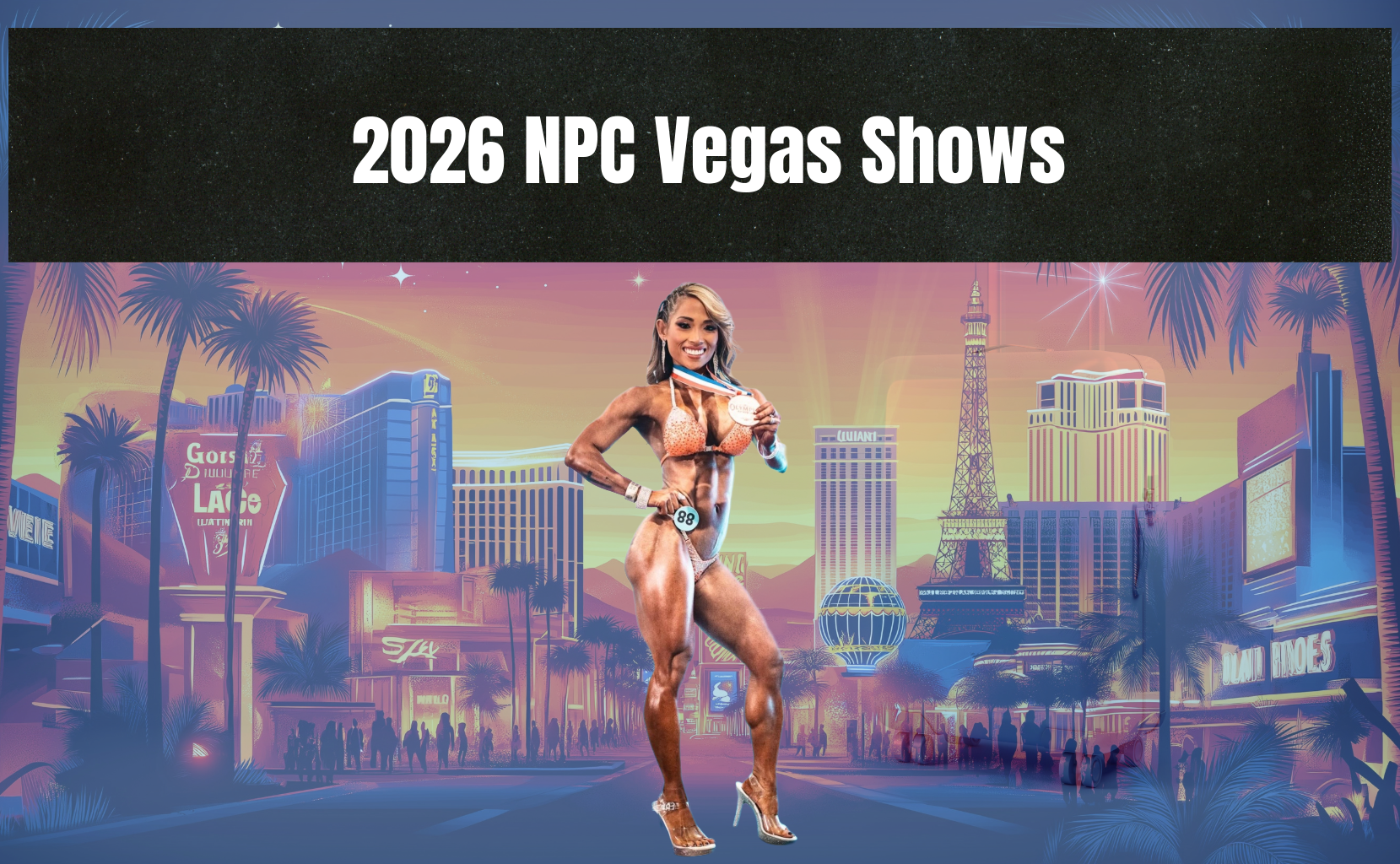 2026 NPC Vegas Shows thumbnail image featuring bikini competitor posing in front of Las Vegas skyline with bold title banner.
