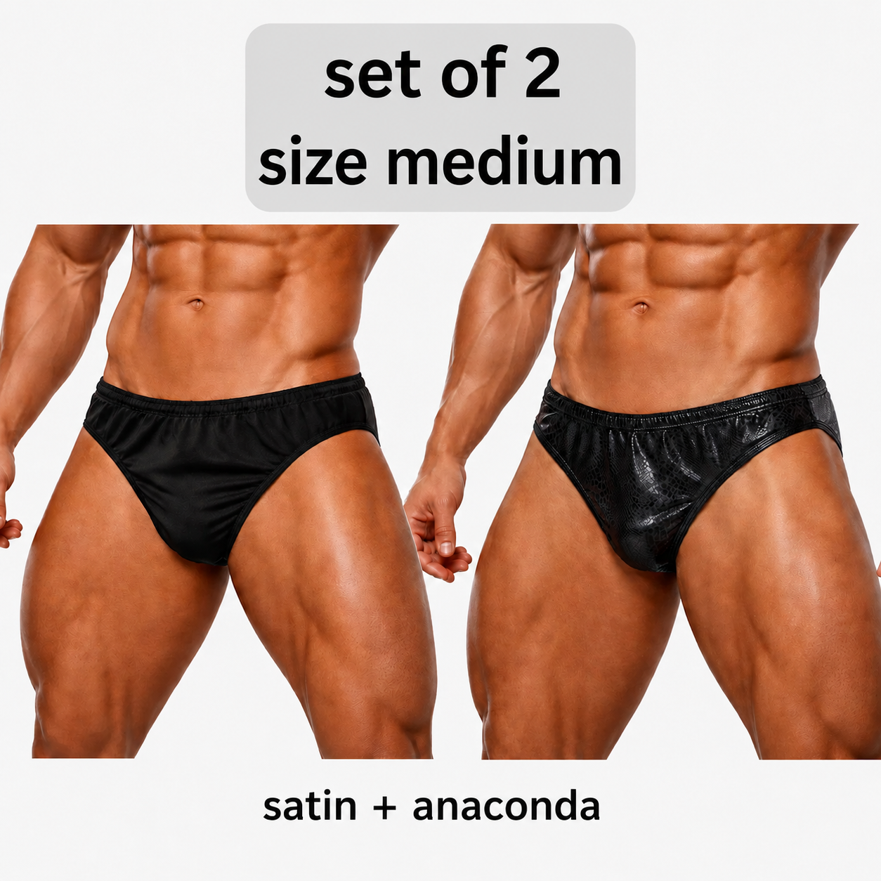 Set of 2 men's posing trunks - black satin and black anaconda