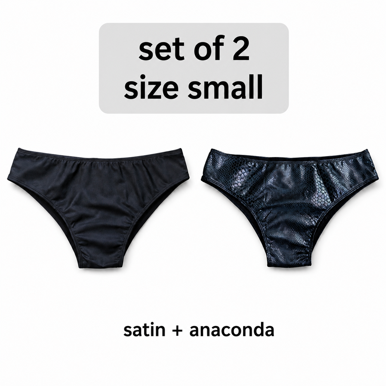 Set of 2 men's posing trunks, black satin and black anaconda, slim waistband, size small