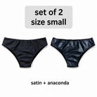 Set of 2 men's posing trunks, black satin and black anaconda, slim waistband, size small