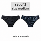 Set of 2 men's posing trunks, black satin and black anaconda, slim waistband, size medium