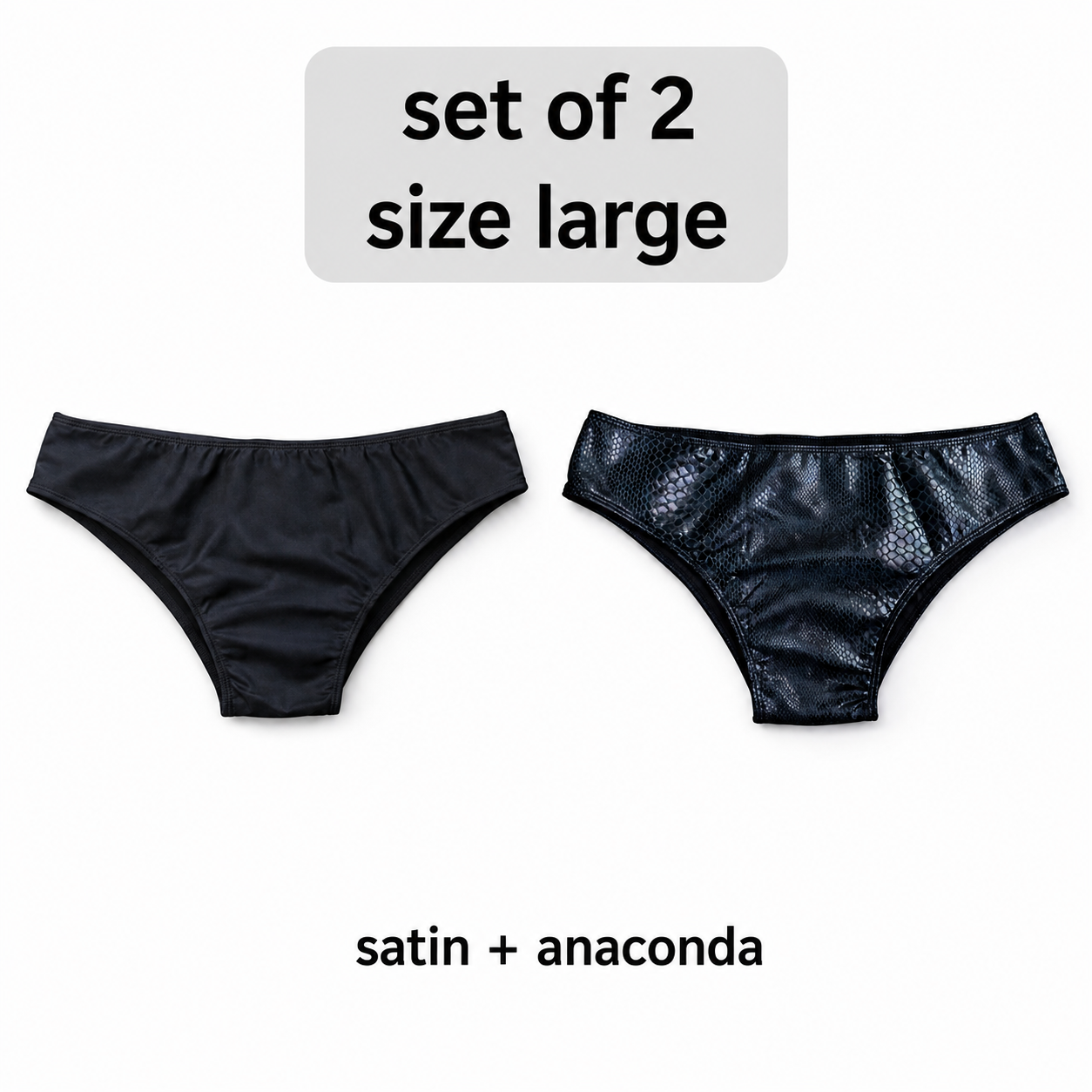 Set of 2 men's posing trunks, black satin and black anaconda, slim waistband, size large
