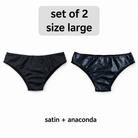 Set of 2 men's posing trunks, black satin and black anaconda, slim waistband, size large