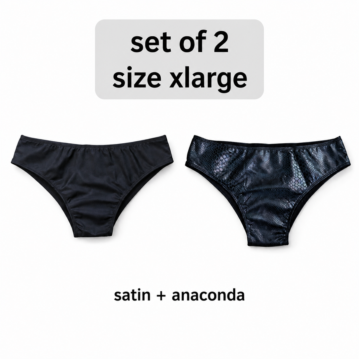 Set of 2 men's posing trunks, black satin and black anaconda, slim waistband, size xlarge