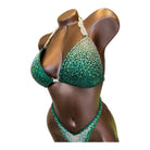 Deep Green Gradient Figure Competition Suit — Saleyla. Custom bikini suit with sparkling rhinestones for competition stage.