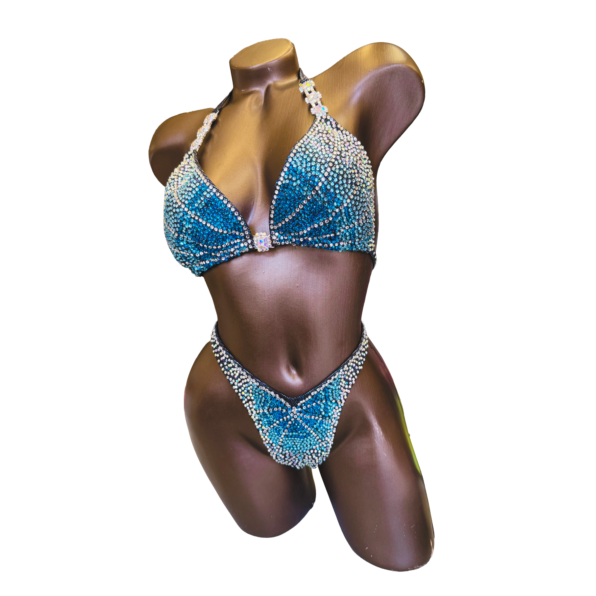 Gradient Blue Figure Competition Suit | Top 34C / Bottom S | Ready to Ship — Saleyla, NPC, IFBB, WBFF, stage-winning, US-made.