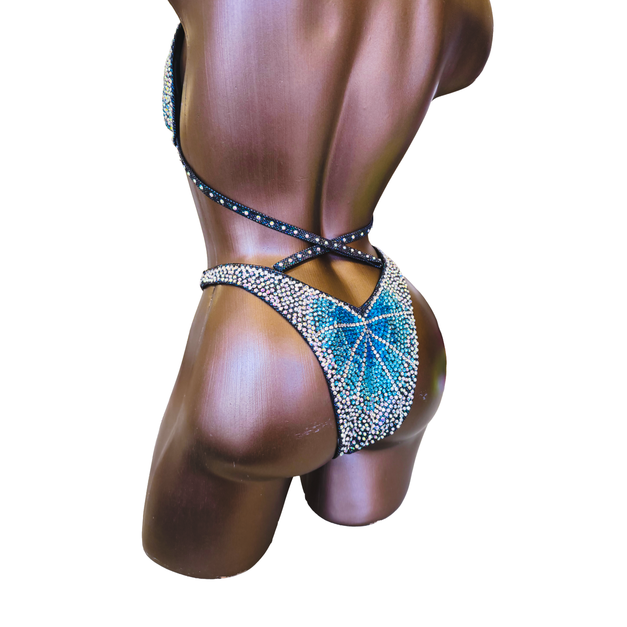 Gradient Blue Figure Competition Suit | Top 34C / Bottom S | Ready to Ship by Saleyla, showing detailed rhinestone design.