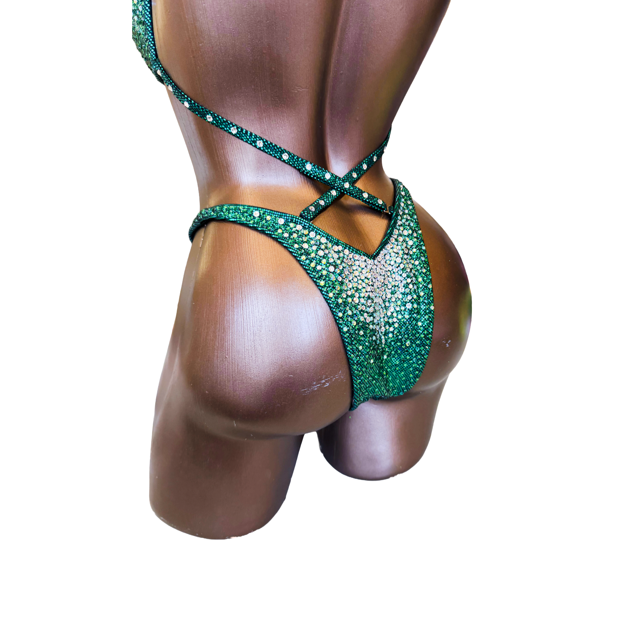 Deep Green Gradient Figure Competition Suit — Saleyla, custom bikini suit with rhinestones, perfect for NPC and IFBB competitions.