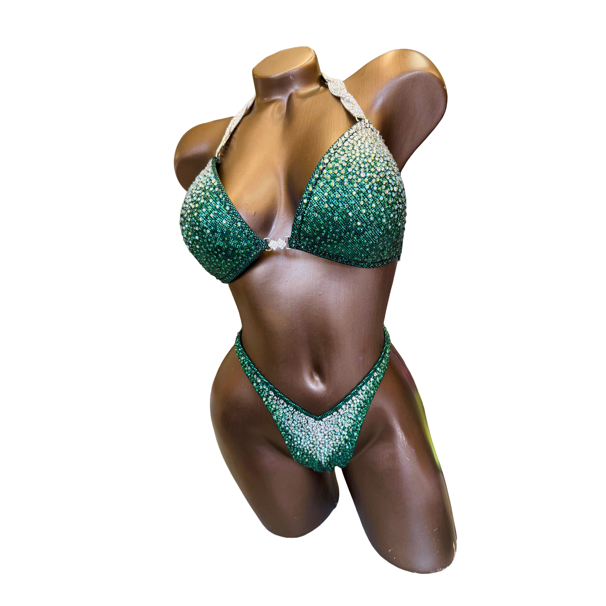 Deep Green Gradient Figure Competition Suit — Saleyla, custom bikini suit with rhinestones, ideal for NPC, IFBB, WBFF competitions.