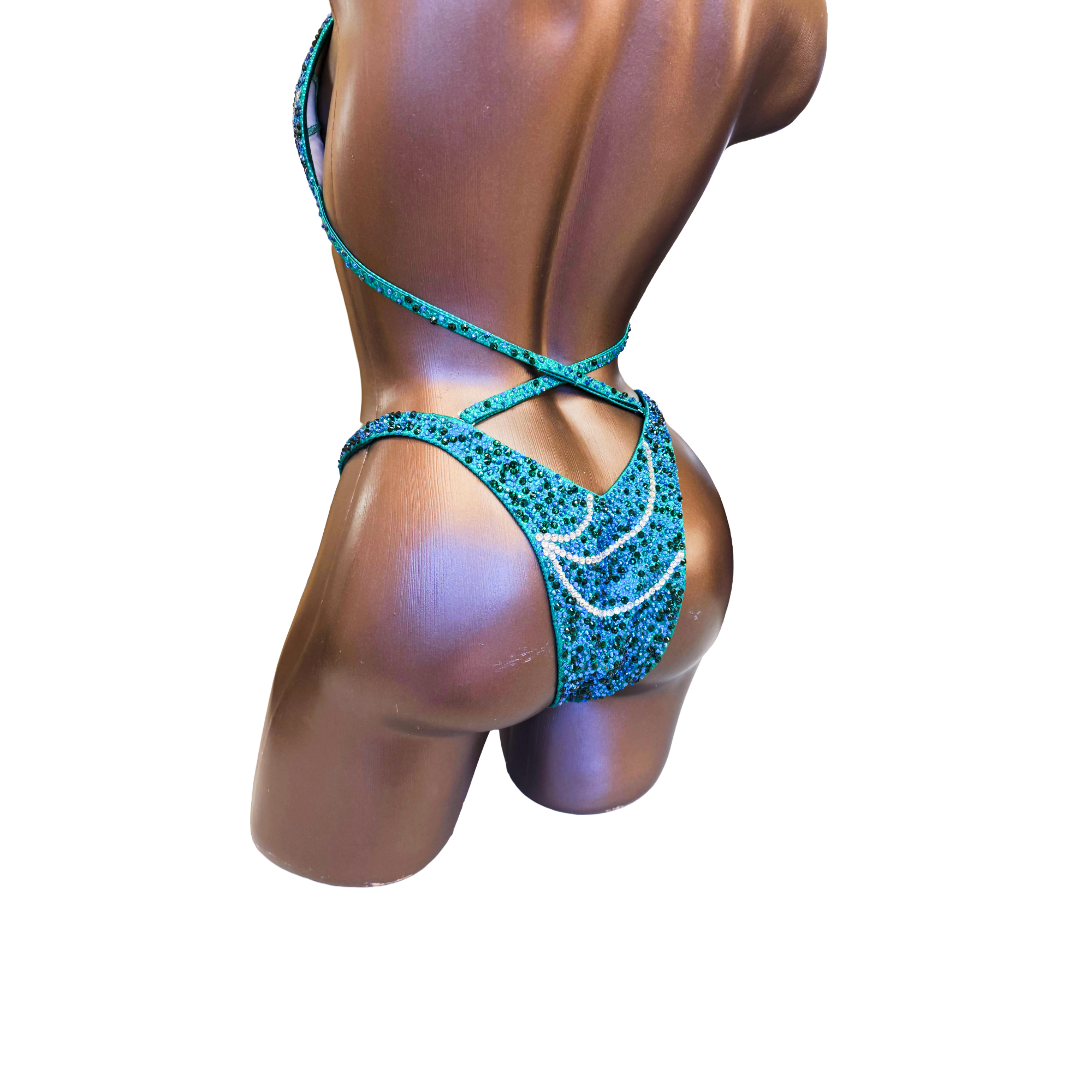 Emerald Wave Figure Competition Suit — Saleyla, custom bikini suit with teal and rhinestone details for NPC, IFBB, WBFF.