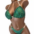 Molded triangle competition bikini top with emerald AB and black rhinestones and clear crystal connectors