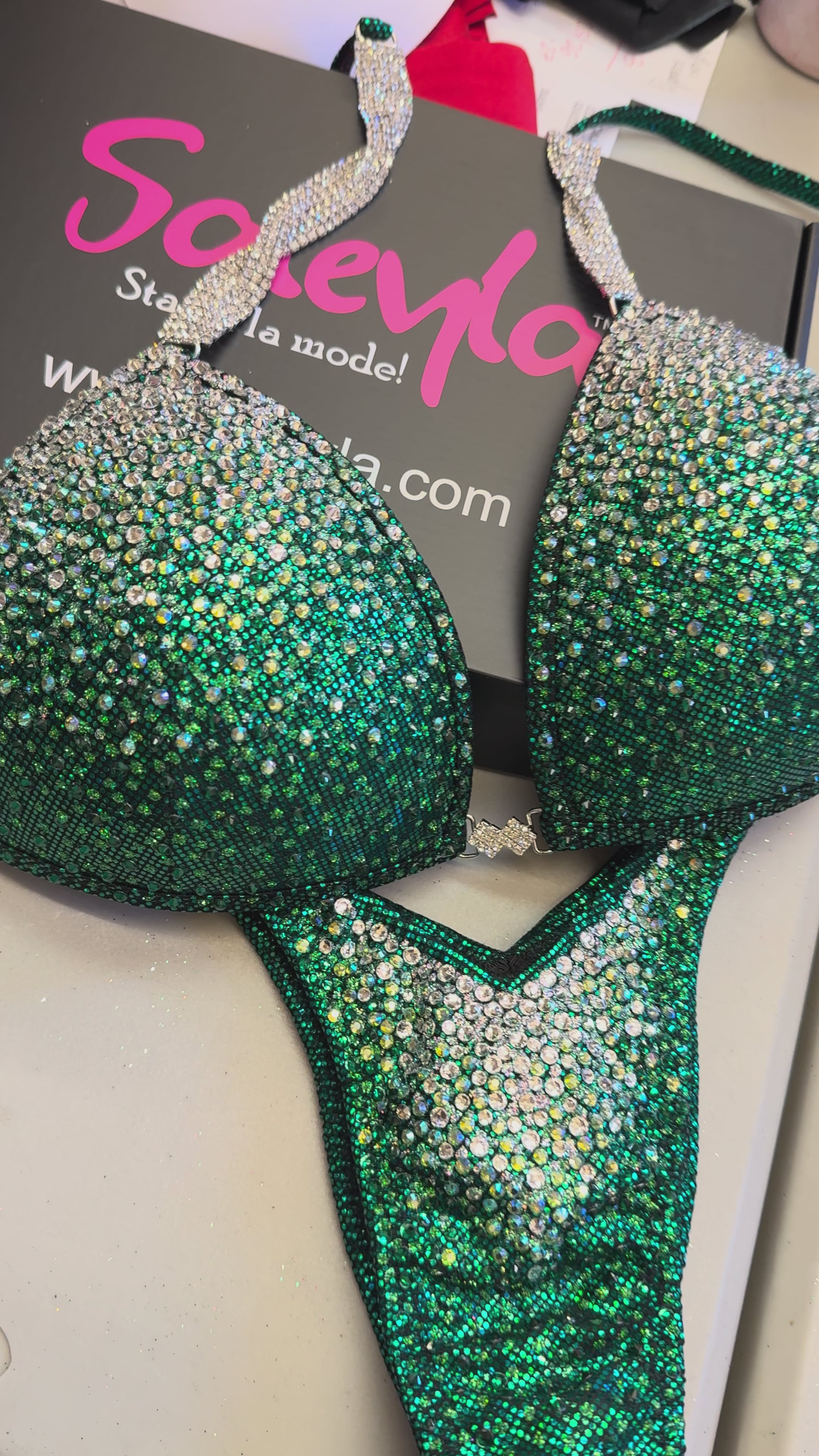 Deep Green Gradient Figure Competition Suit — Saleyla. Custom-made competition bikini with shimmering rhinestones.