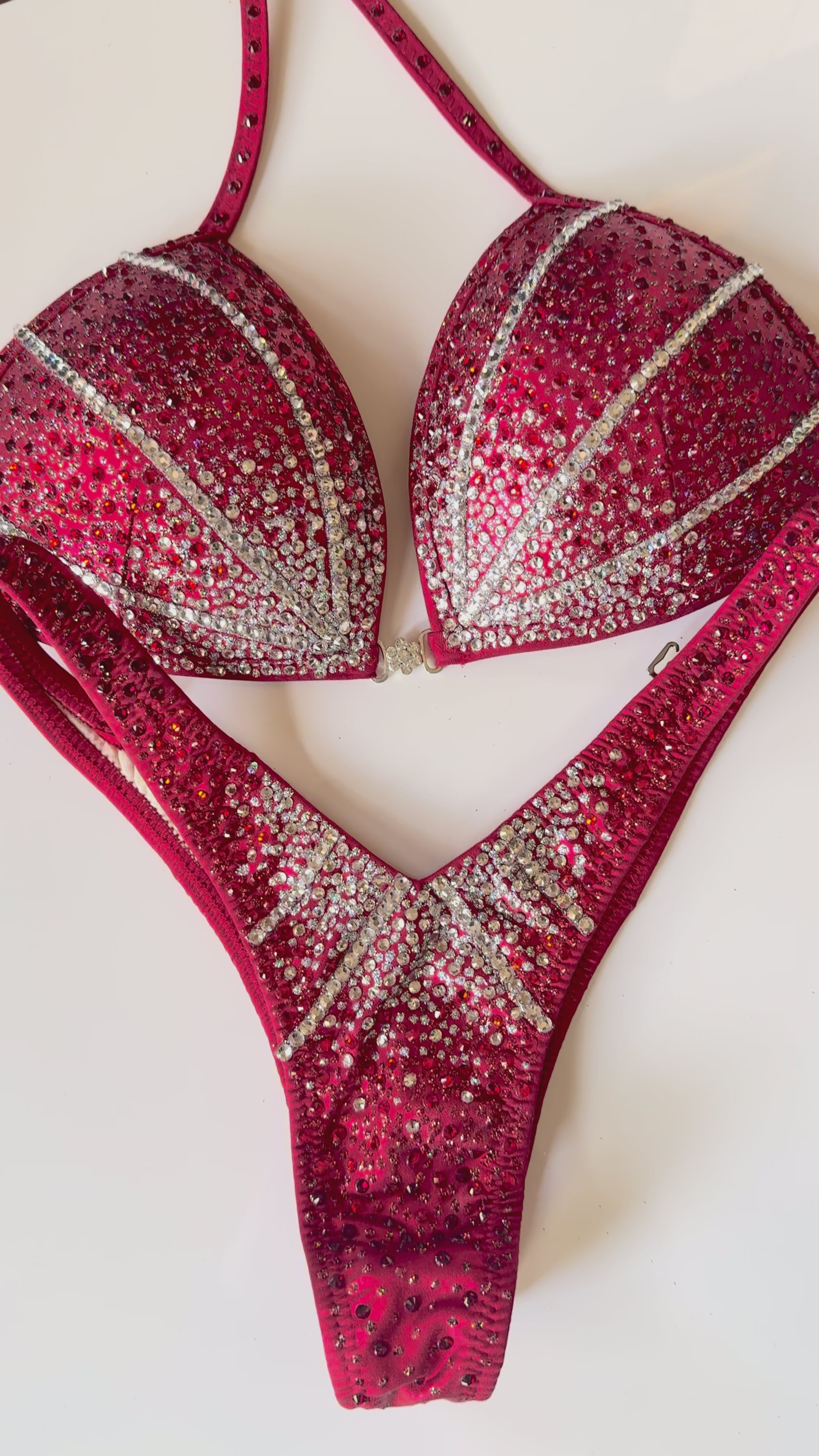 Red Metallic Figure Competition Suit | Top 34C / Bottom XS-S | Ready to Ship - Custom bikini suit by Saleyla with rhinestones.