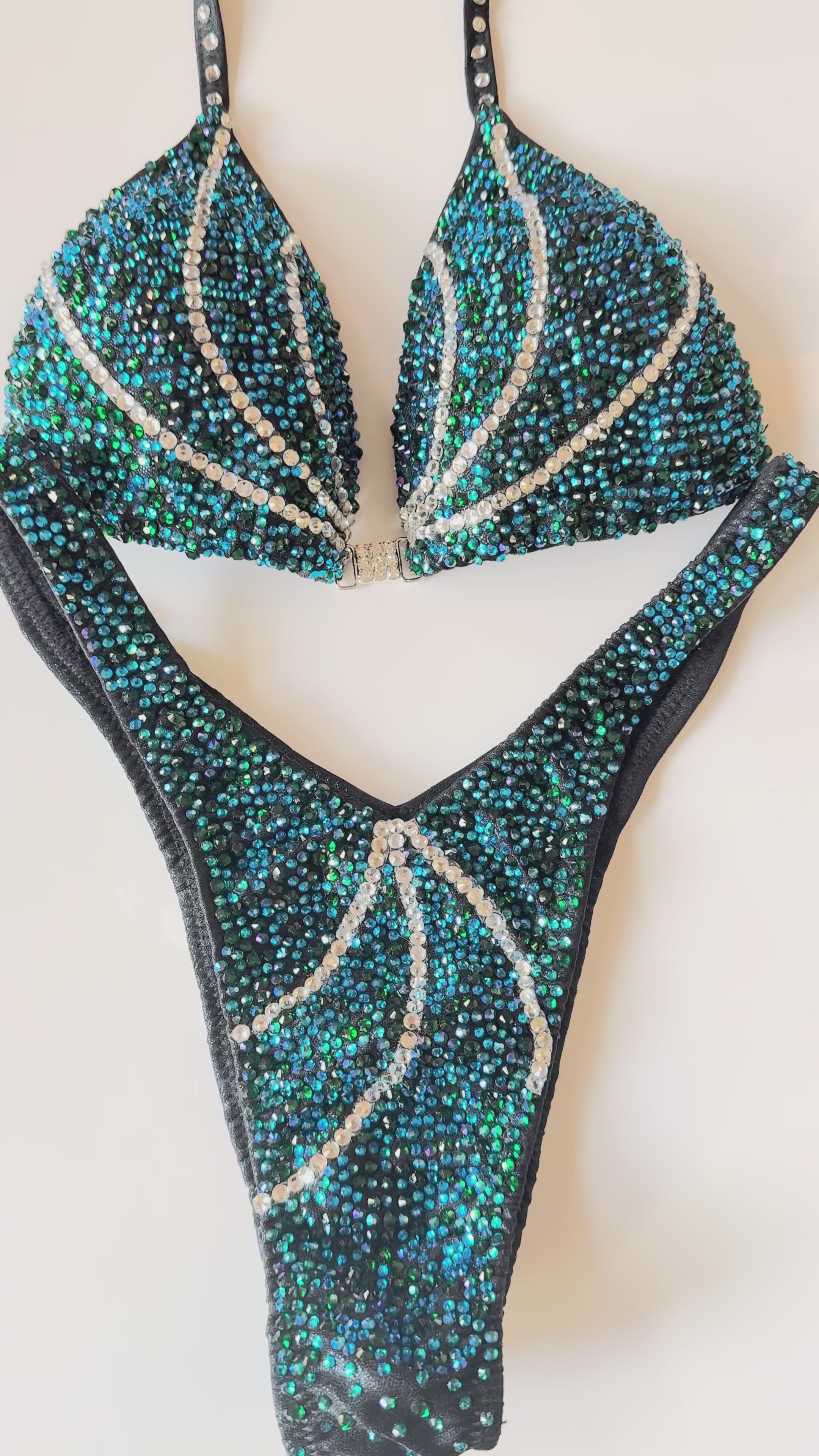 Deep Teal/Green Figure Competition Suit | Top 36B/32C / Bottom S | Ready to Ship — Saleyla, custom bikini suit with rhinestones.