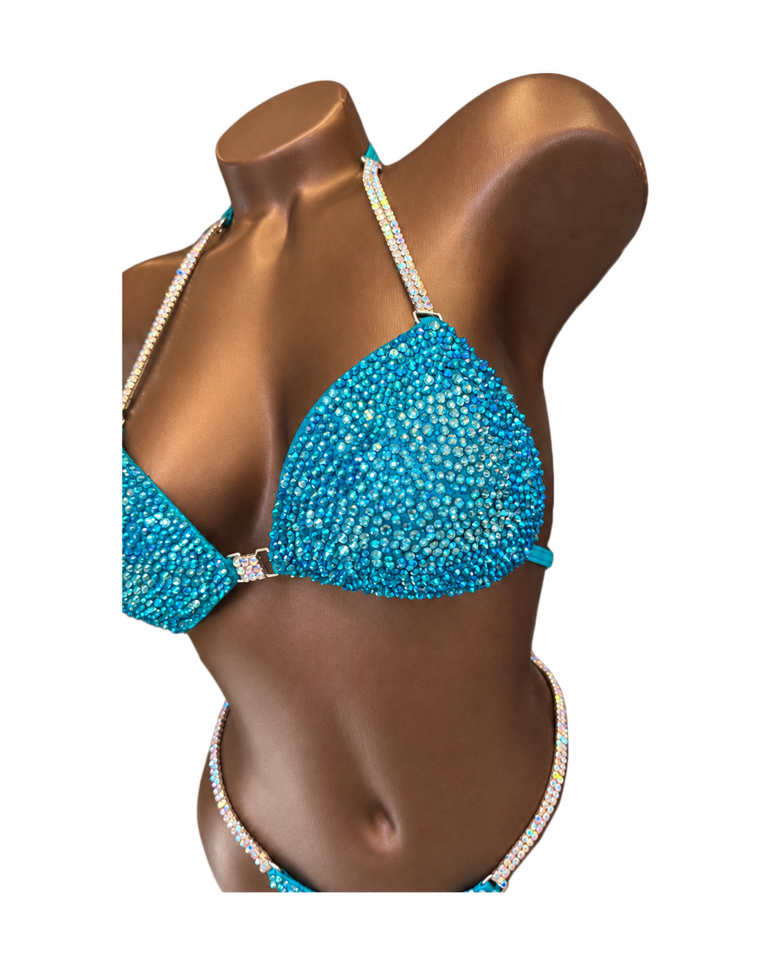 Turquoise Crystal Sunburst bikini competition suit, top detail